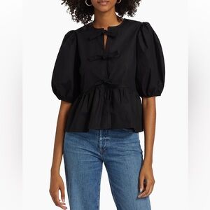 Ganni Poplin Peplum Tie Front Blouse Black Organic Cotton Sz 38 Medium US 6